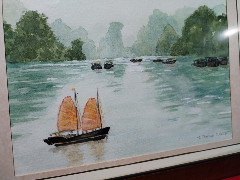 Acuarela franceza peisaj marin, semnata J. Maison