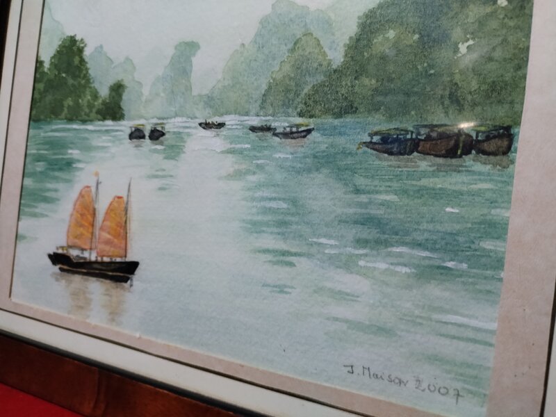 Acuarela franceza peisaj marin, semnata J. Maison