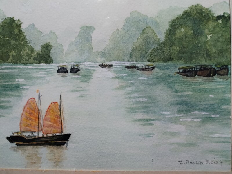 Acuarela franceza peisaj marin, semnata J. Maison