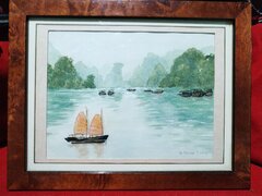 Acuarela franceza peisaj marin, semnata J. Maison